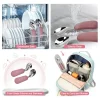 Dishwasher-Safe Baby Spoon and Fork Pink-handled baby spoon and fork set shown with cleaning and storage options.