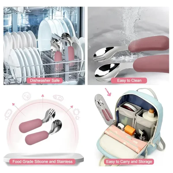 Dishwasher-Safe Baby Spoon and Fork Pink-handled baby spoon and fork set shown with cleaning and storage options.