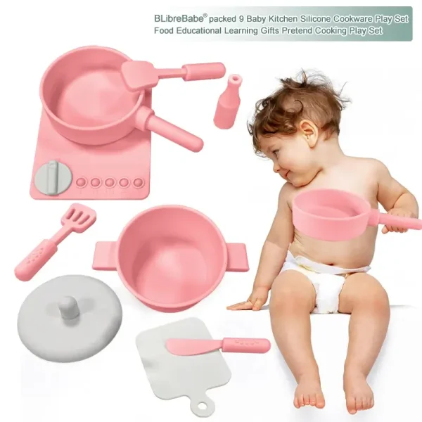 Pink silicone cookware play set with pot, pan, utensils, and bottle.