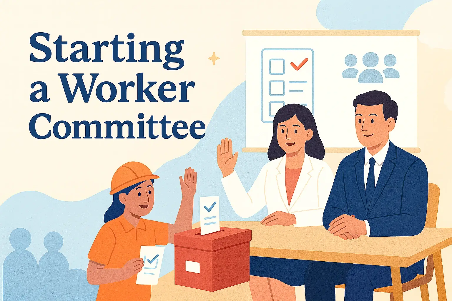 Illustration of starting a worker committee with voting and discussion. 