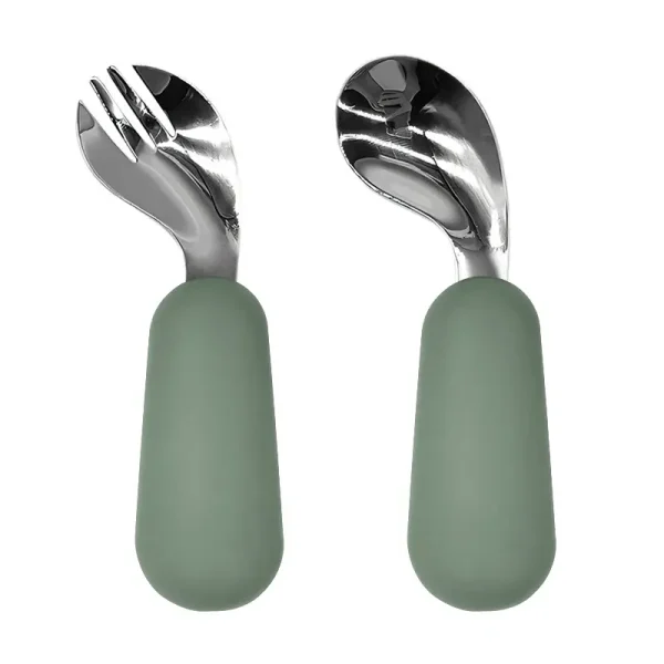 Green Silicone Baby Utensils Green-handled baby spoon and fork set.