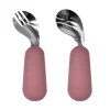 Pink Silicone Baby Utensils Pink-handled baby spoon and fork set.
