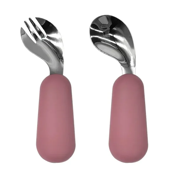 Pink Silicone Baby Utensils Pink-handled baby spoon and fork set.