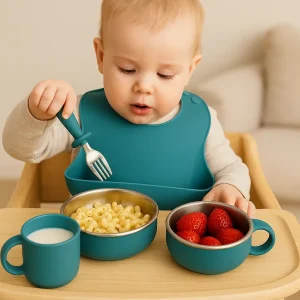 Pink silicone cookware play set with pot, pan, and utensils.