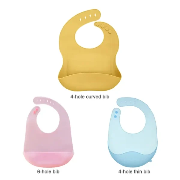 Set of three silicone baby bibs in yellow, pink, and blue.